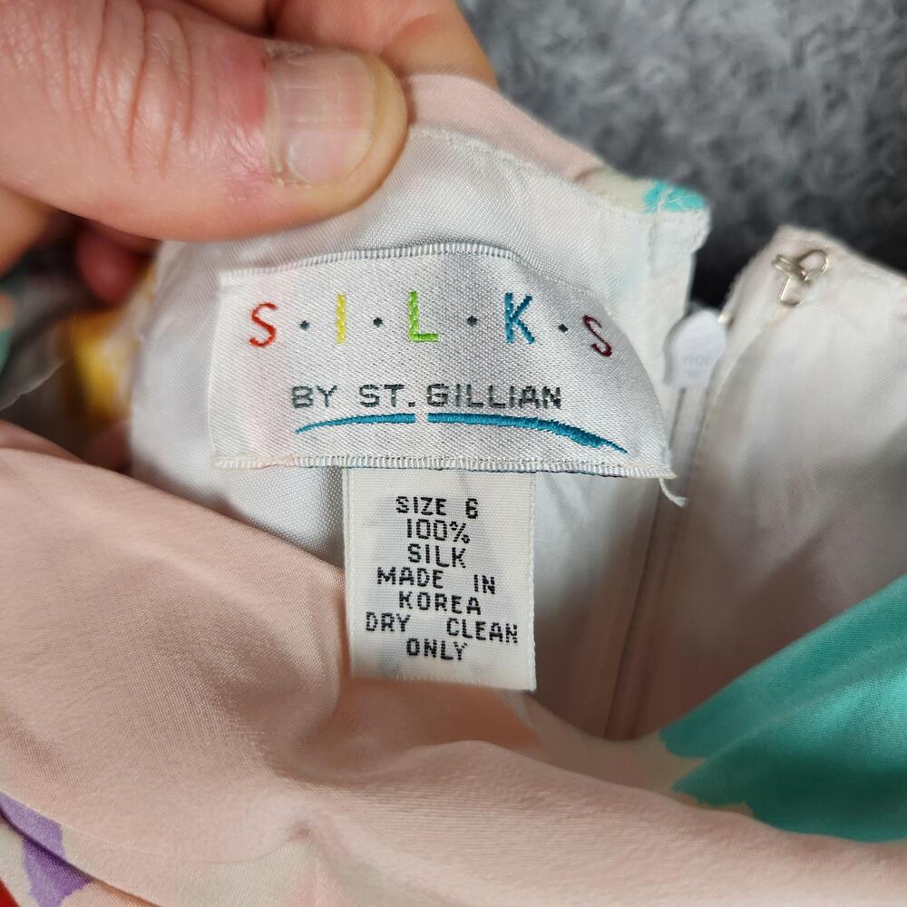 Vintage Silks St Gillian Dress Womens 6 Multicolor Silk Ruched Sheath 80s Art - Picture 15 of 16